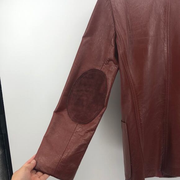 Vintage Sheep Mates leather jacket suede elbow patches maroon 70s size S - Picture 6 of 7